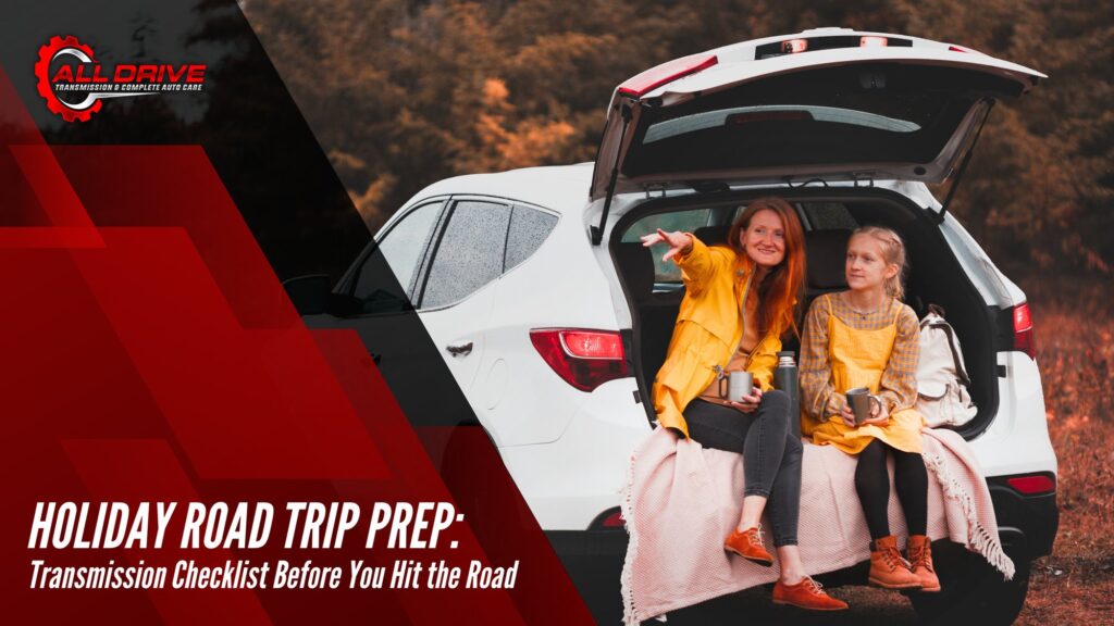 Family sitting in the back of an SUV on a fall road trip